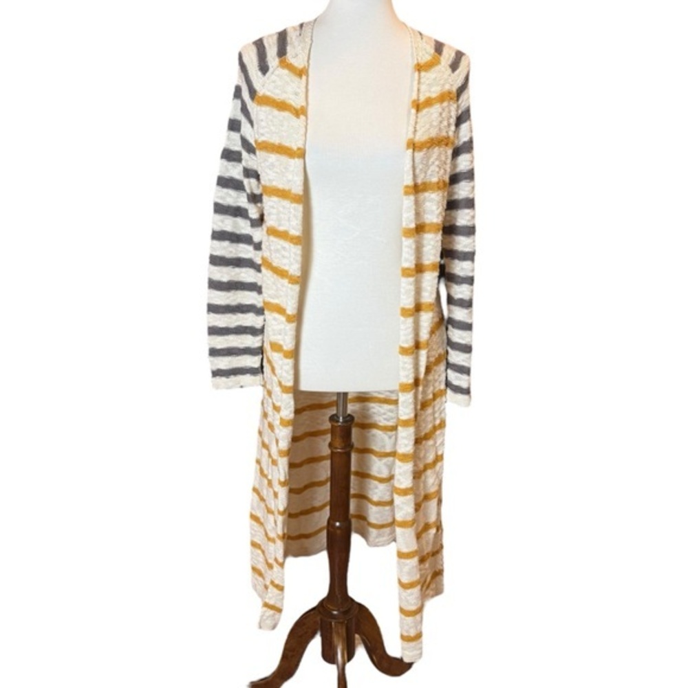 Natural Reflections Yellow Striped Long Open Front Cardigan Sweater Cotton Sz M